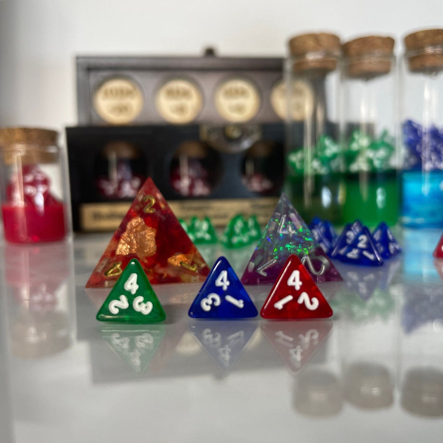 Dungeons and dragons / TTRPG D4 mini dice used in potions and potion making. 